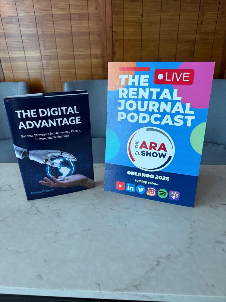 The Digital Advantage book and The Rental Journal Podcast banner from the 2026 ARA Show