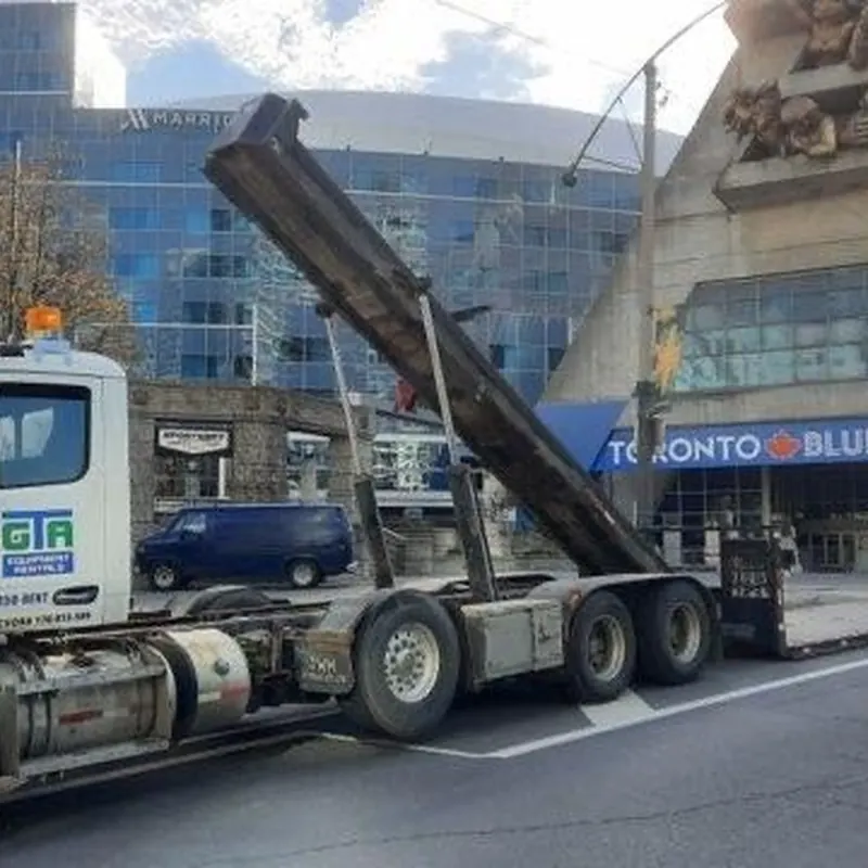 GTA Equipment Rentals float truck outside Rogers Centre in downtown Toronto